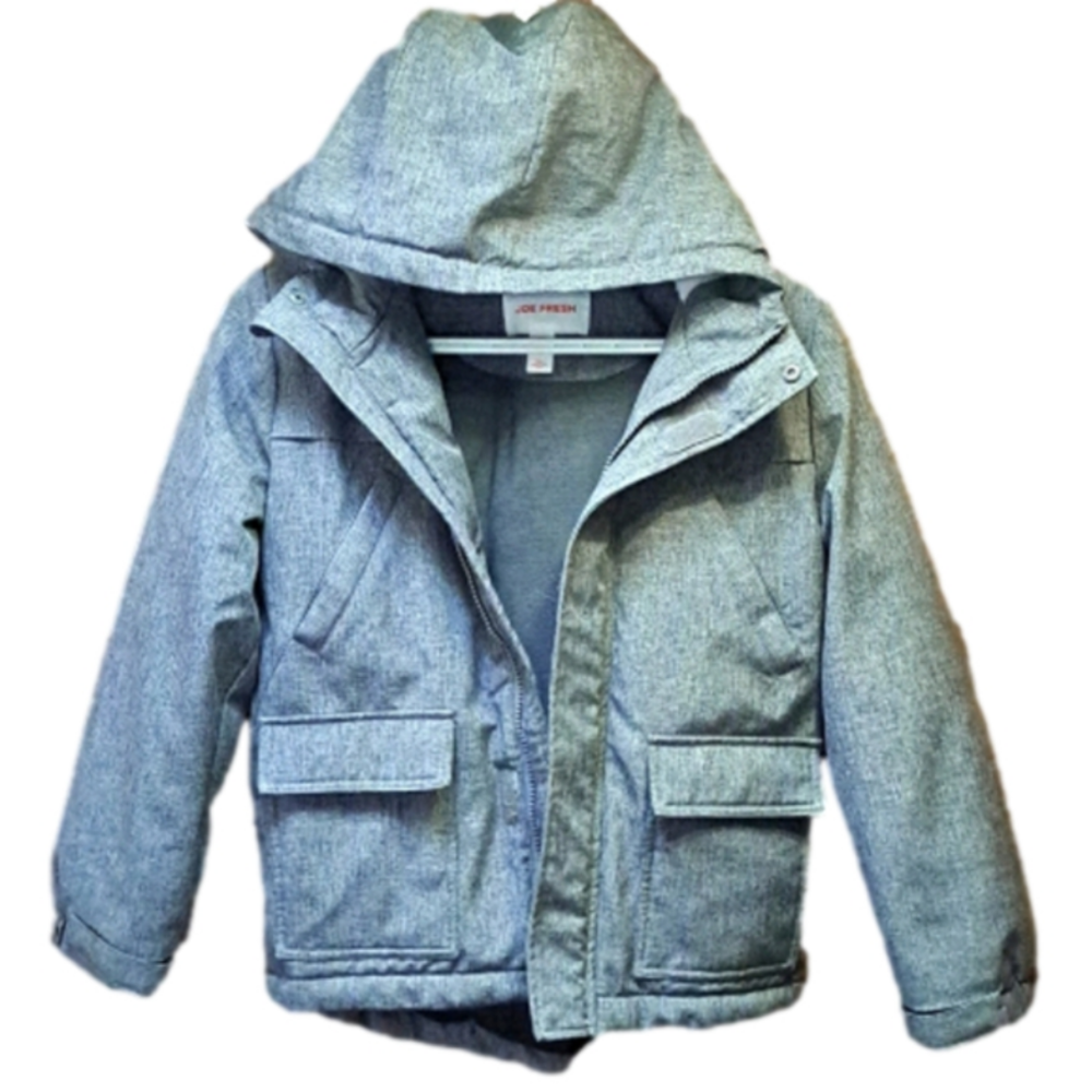 Unisex kids warm jacket size Medium 7-8 zip up 4 pockets hooded grey joe fresh